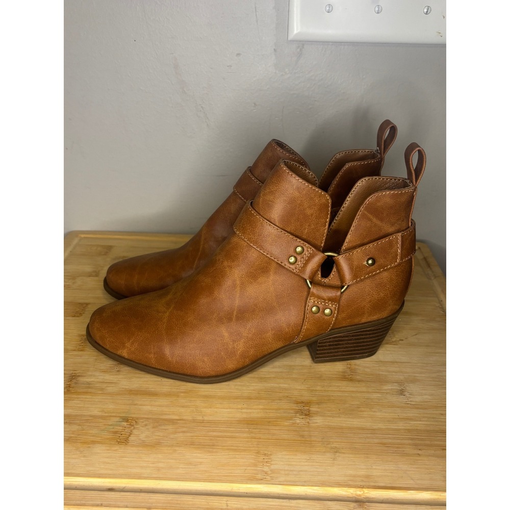 Footwear Unlimited Kya Aztec PU Ankle Boots Light Brown Harness Pointed Toe 8M